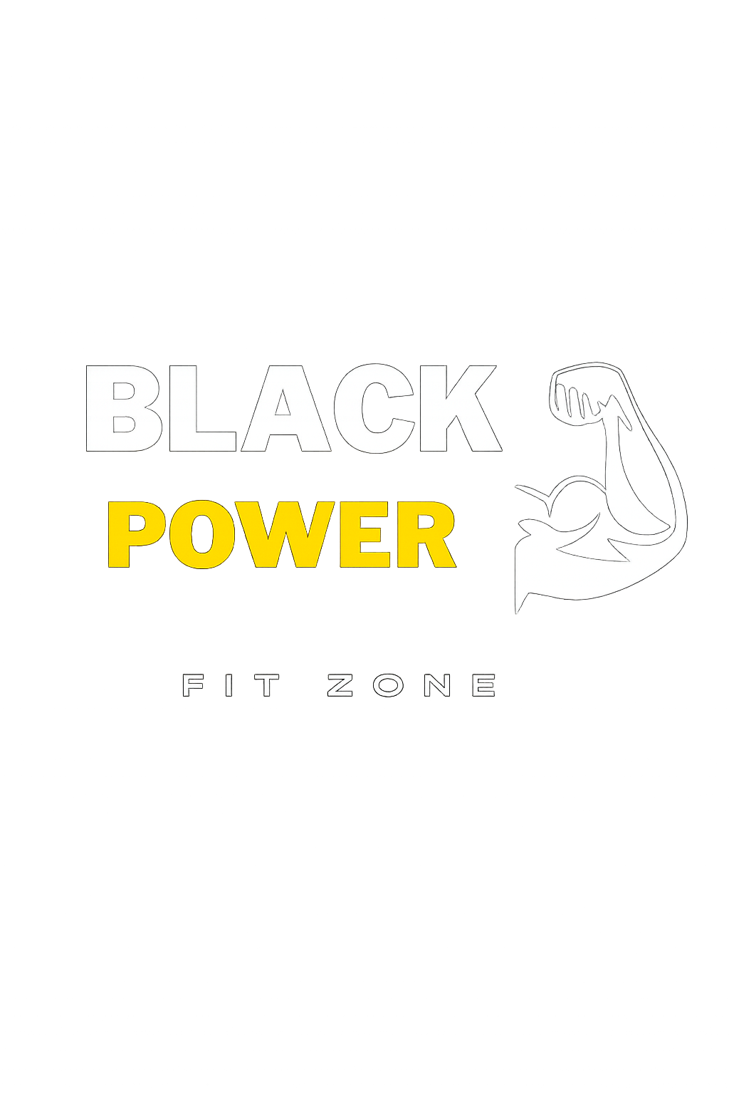Logo Black Power Fit Zone, letras blancas y amarillas con un brazo flexionado